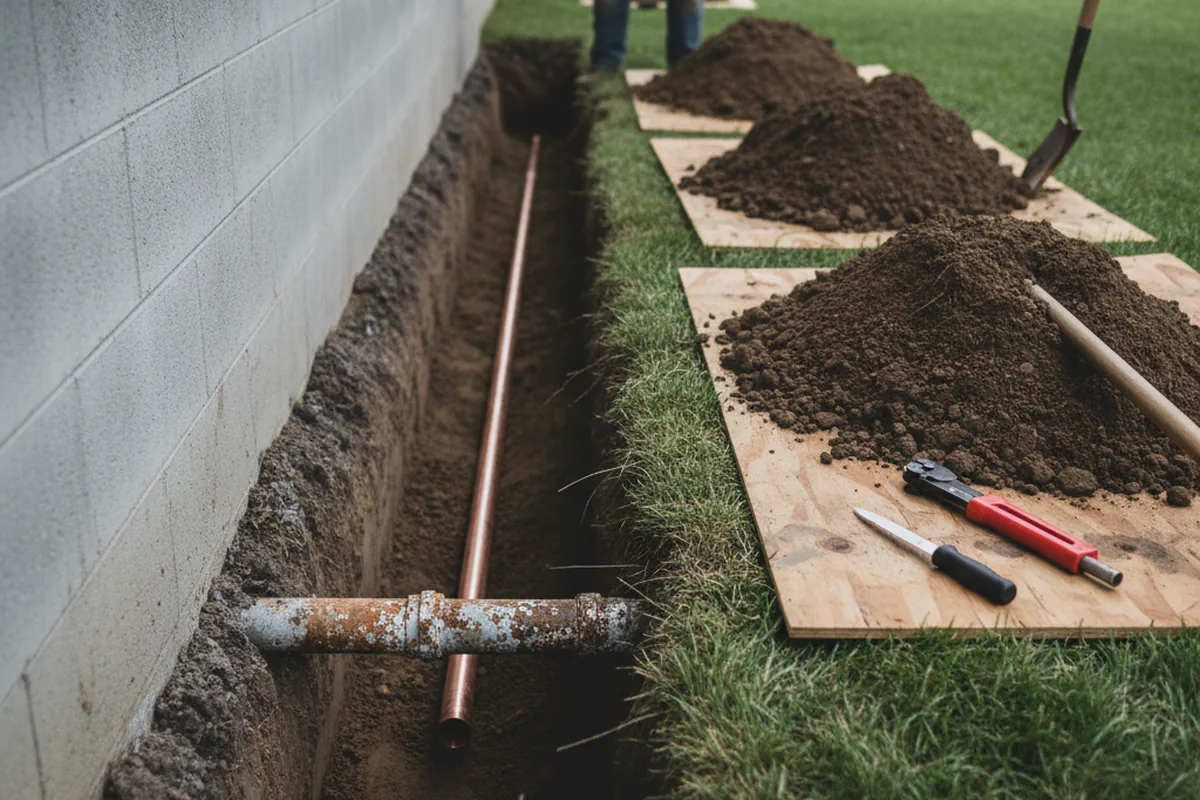 Excavated water line trench during Water Heater Repair in Morrison